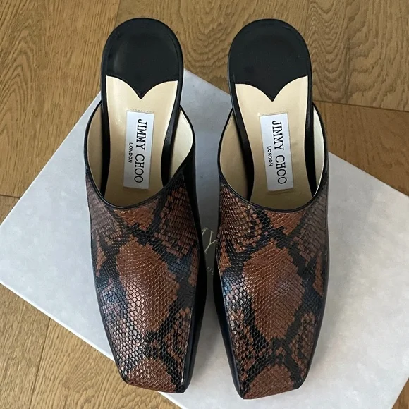 Jimmy Choo Marcel 85mm Snake Effect Leather Square-Toe Mules (Black Tan) - Picture 6 of 15
